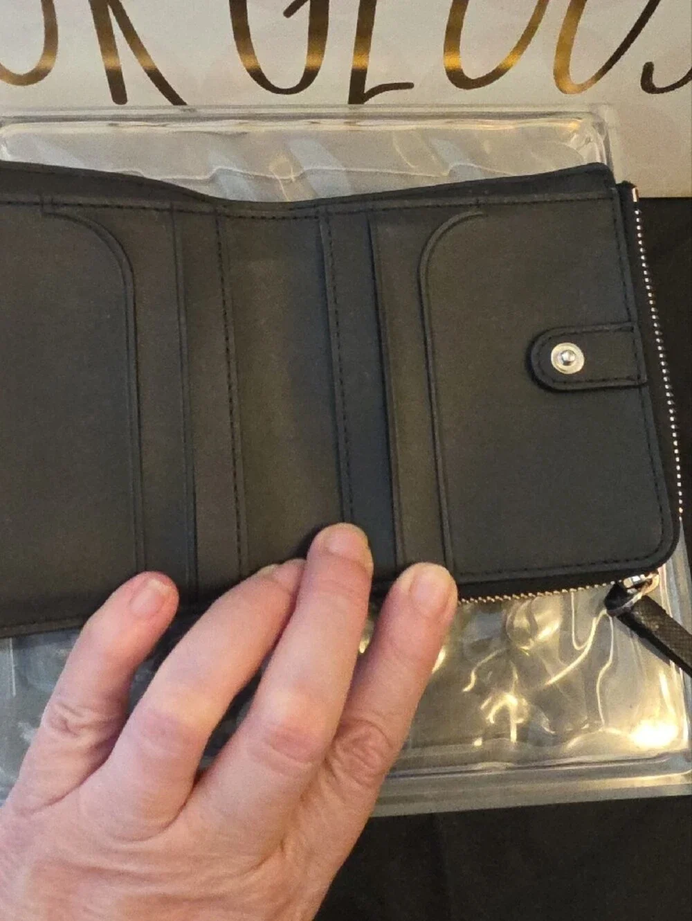 kate spade Black Compact Zip Wallet with Gold Logo